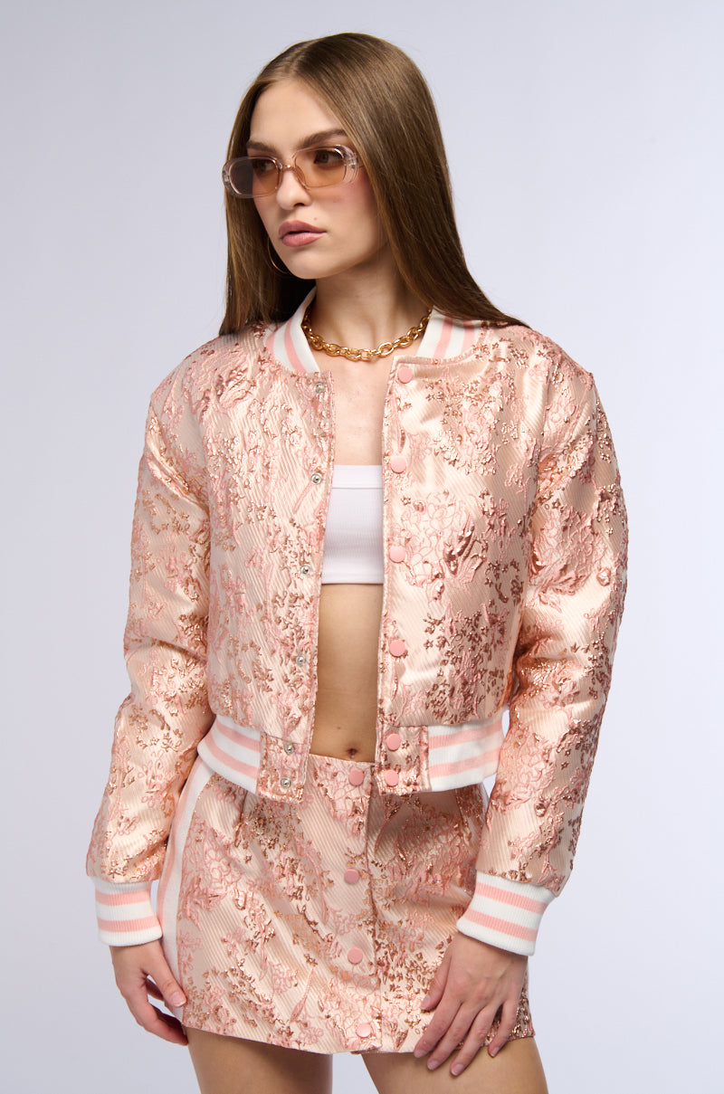 SWEET THING BROCADE BOMBER IN PINK