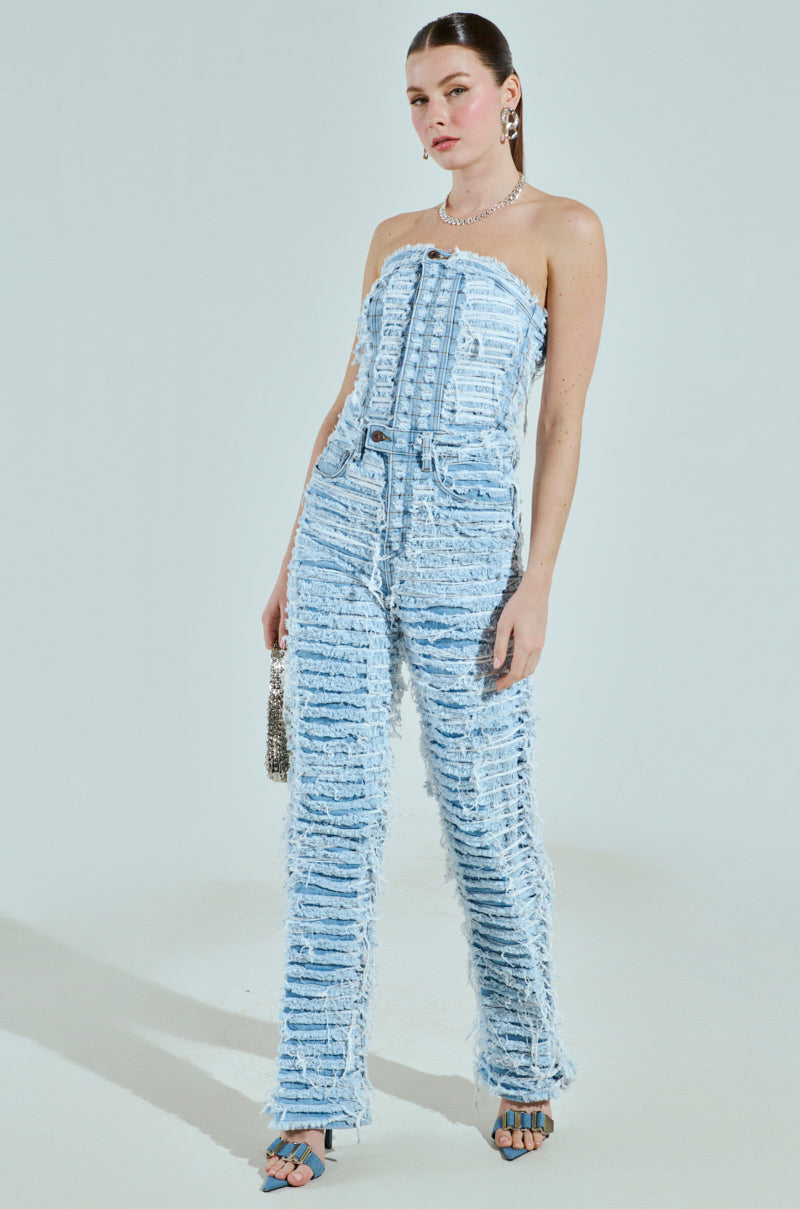 I DONT CHASE I ATTRACT DISTRESSED LIGHT BLUE DENIM JUMPSUIT