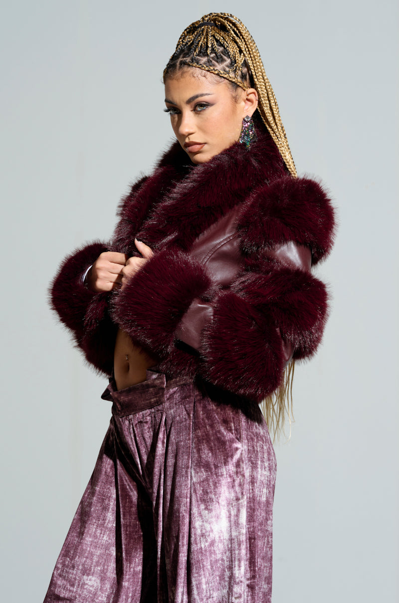 LOVERBOY FAUX FUR MOTO JACKET IN BURGUNDY