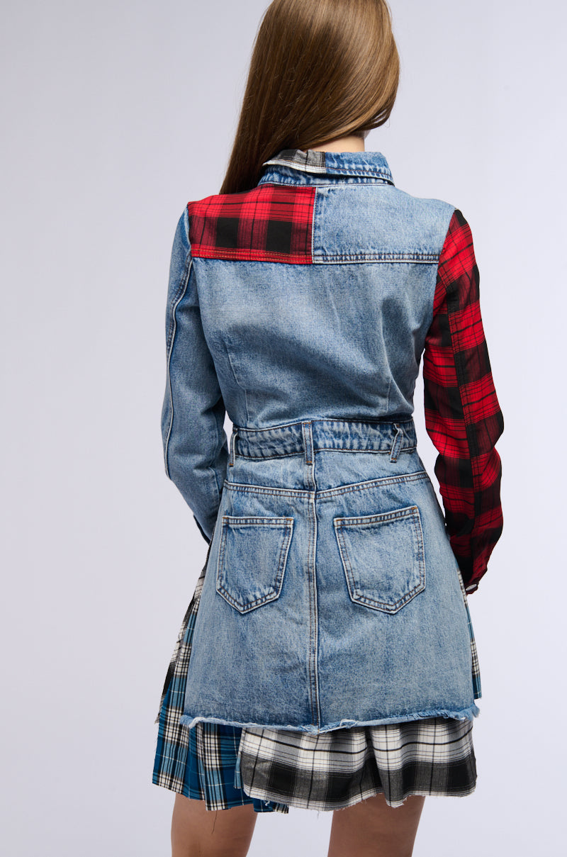 PATCHWORK PLAID DENIM MINI DRESS