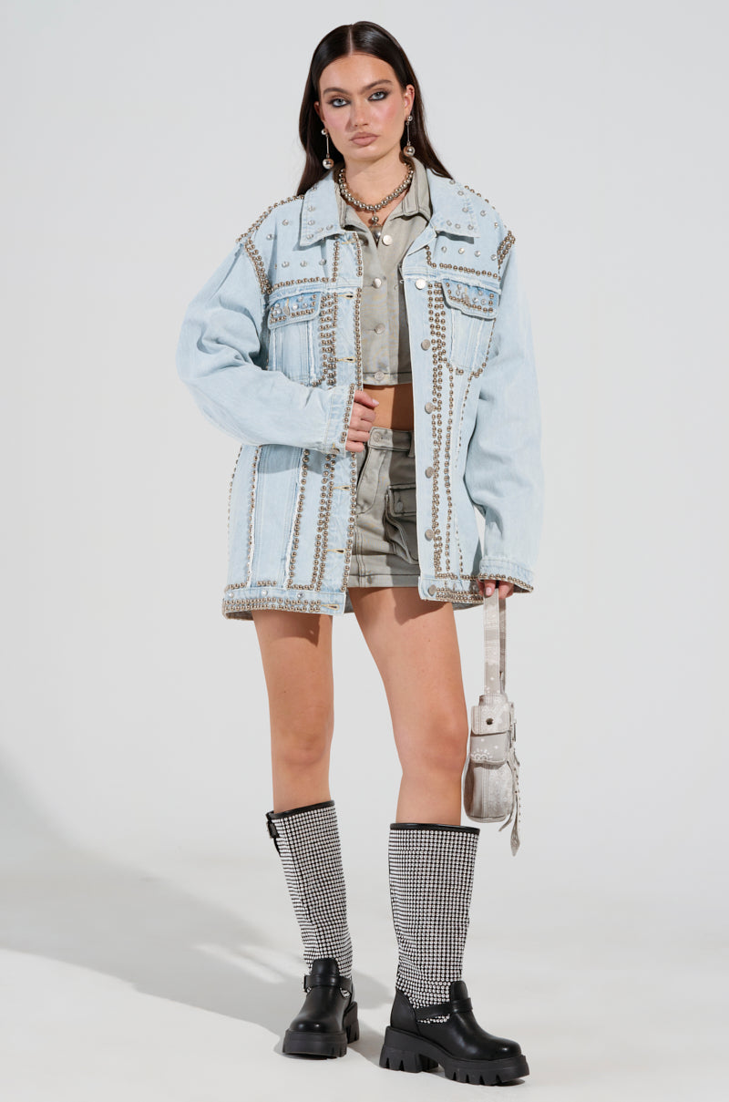 GAME TIME EMBELLISHED LONGLINE DENIM JACKET