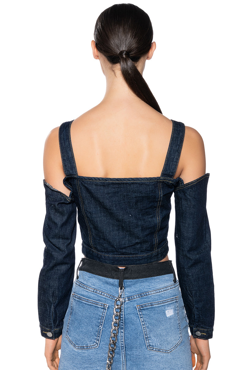 SWEETIE COLD SHOULDER RAW DENIM JACKET