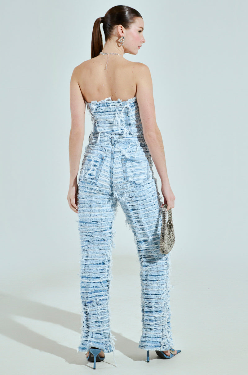 I DONT CHASE I ATTRACT DISTRESSED LIGHT BLUE DENIM JUMPSUIT