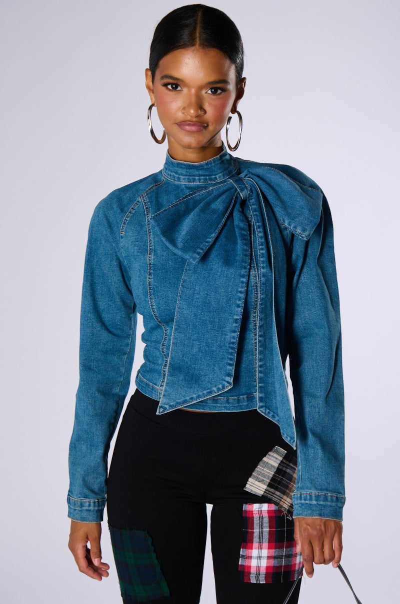 BELIEVE IN MY OWN BOW DETAIL MEDIUM BLUE DENIM TOP