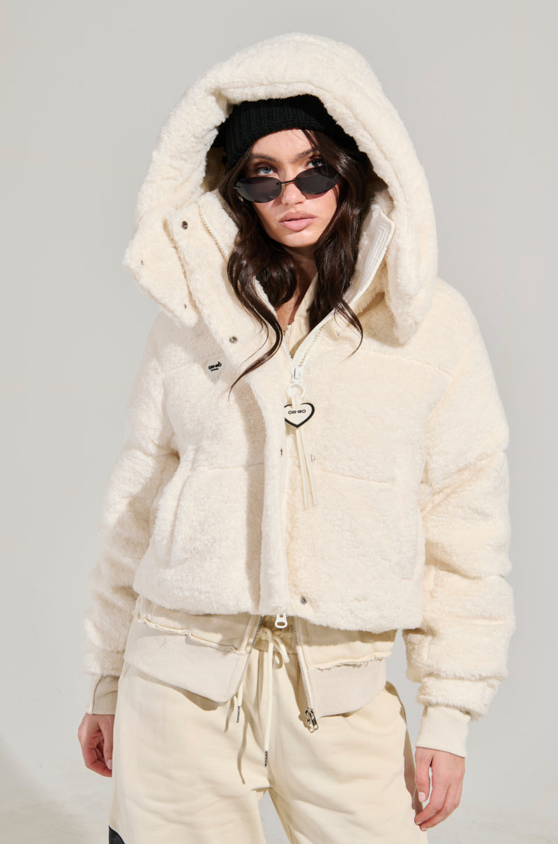 MARDIE FUZZY BEIGE HOODED PUFFER