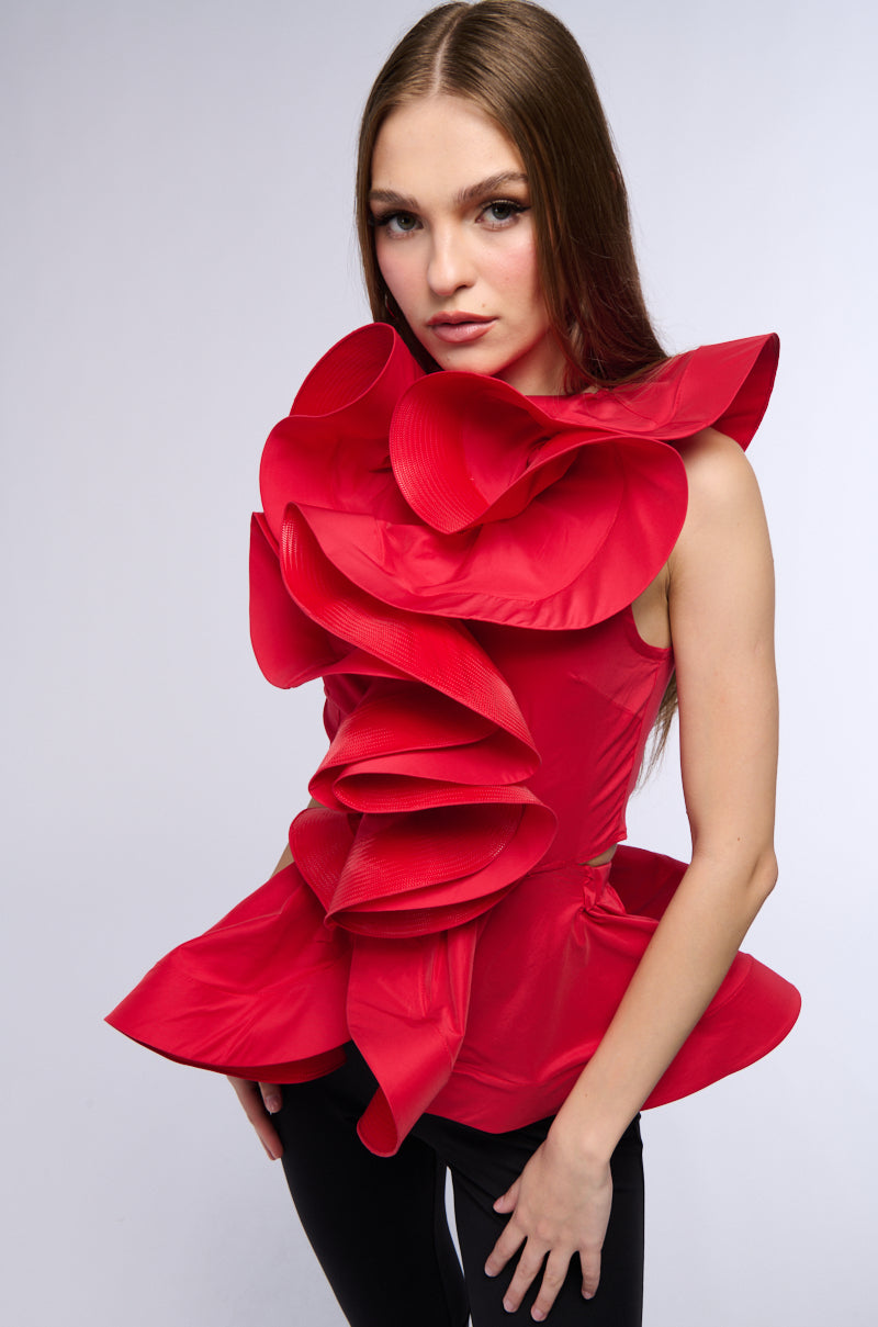 MISS FASHIONISTA SLEEVELESS RUFFLE PEPLUM BLOUSE IN RED