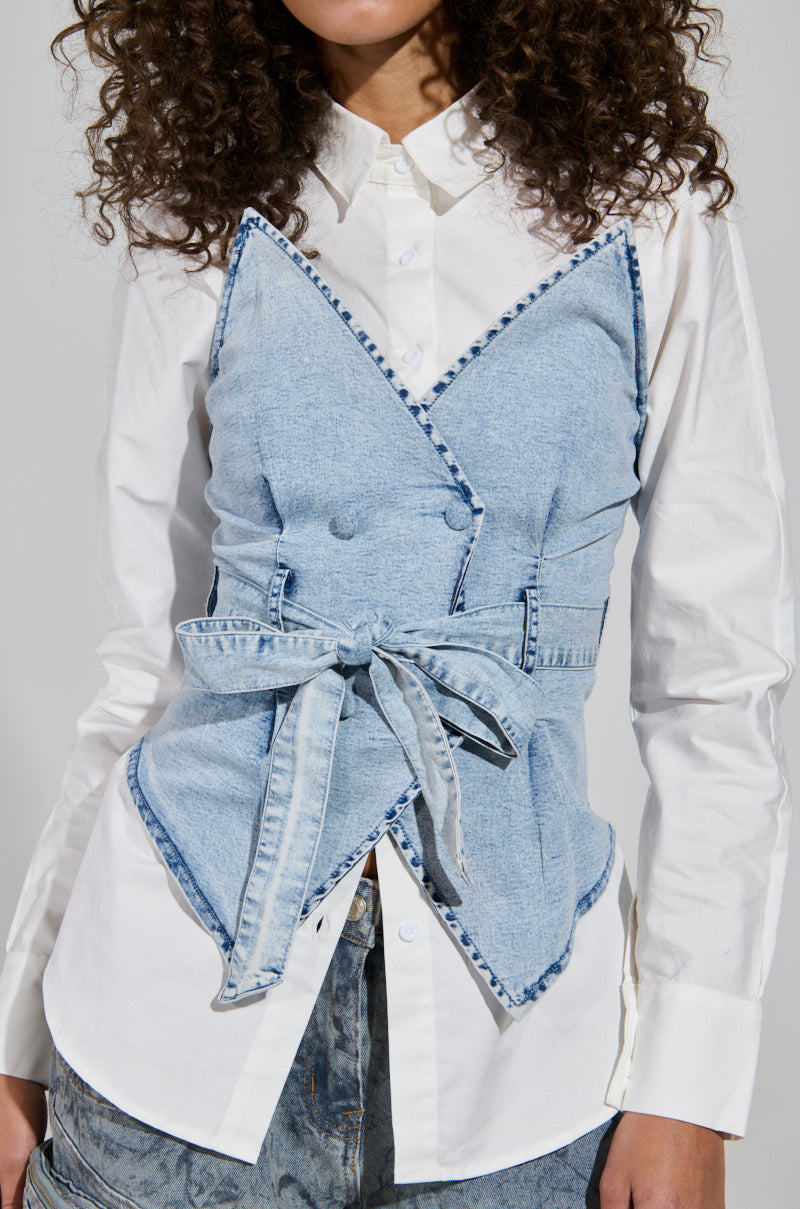 END OF SUMMER FLING DENIM CORSETED BLOUSE