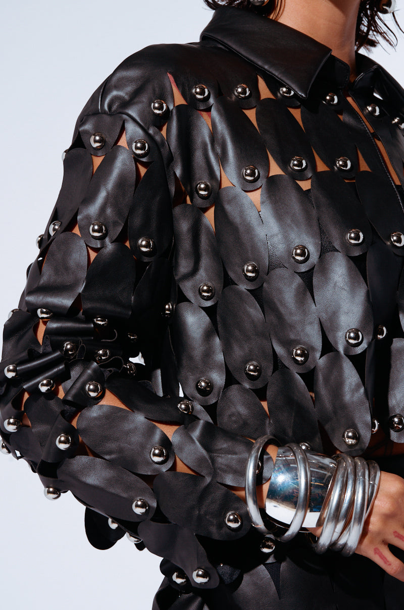 THE SNEAK PEEK STUDDED PU BLOUSE IN BLACK