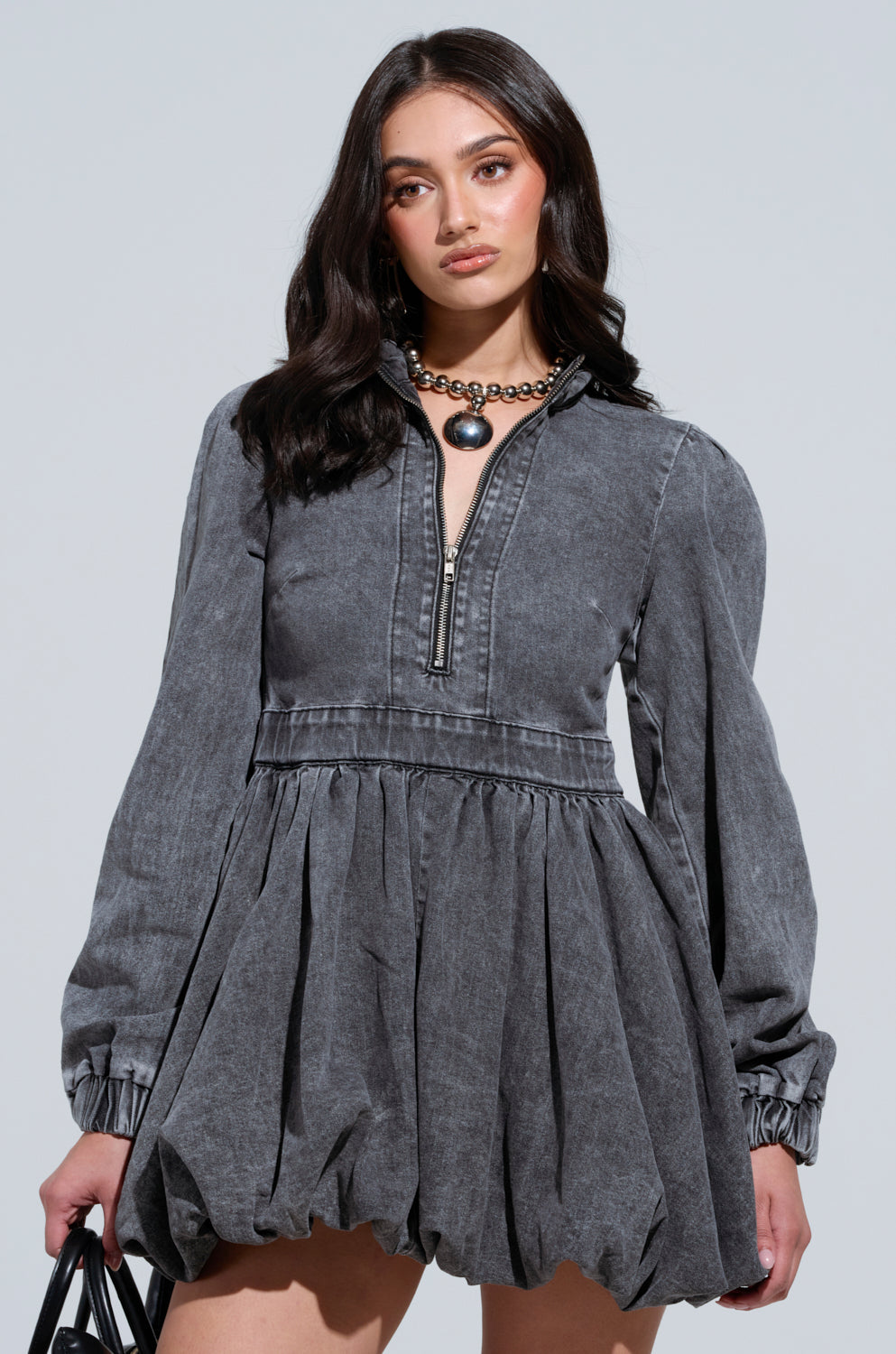 PASS THE BUBBLY DENIM MINI DRESS