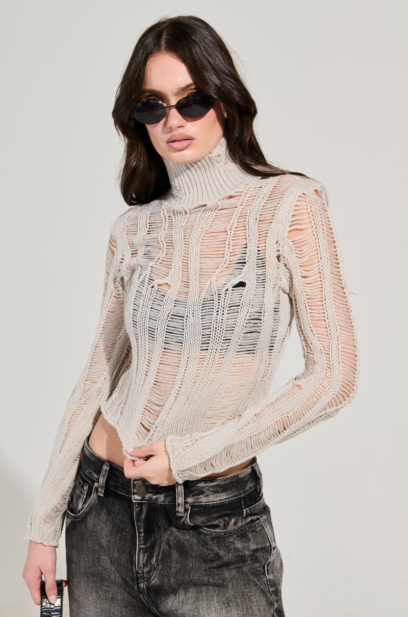 SEXY LOOSE WEAVE HIGH NECK SWEATER IN GREY