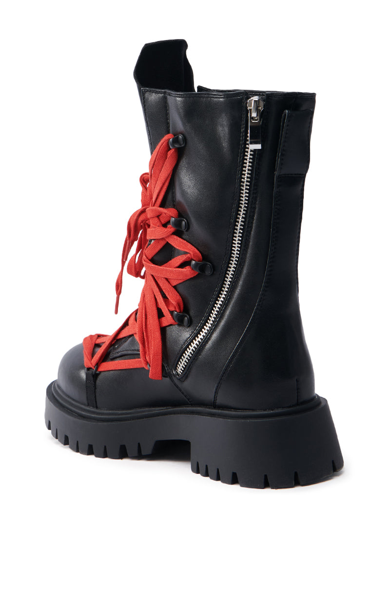 AZALEA WANG ARJUN LACE DETAIL COMBAT BOOTIE IN BLACK WITH RED LACE