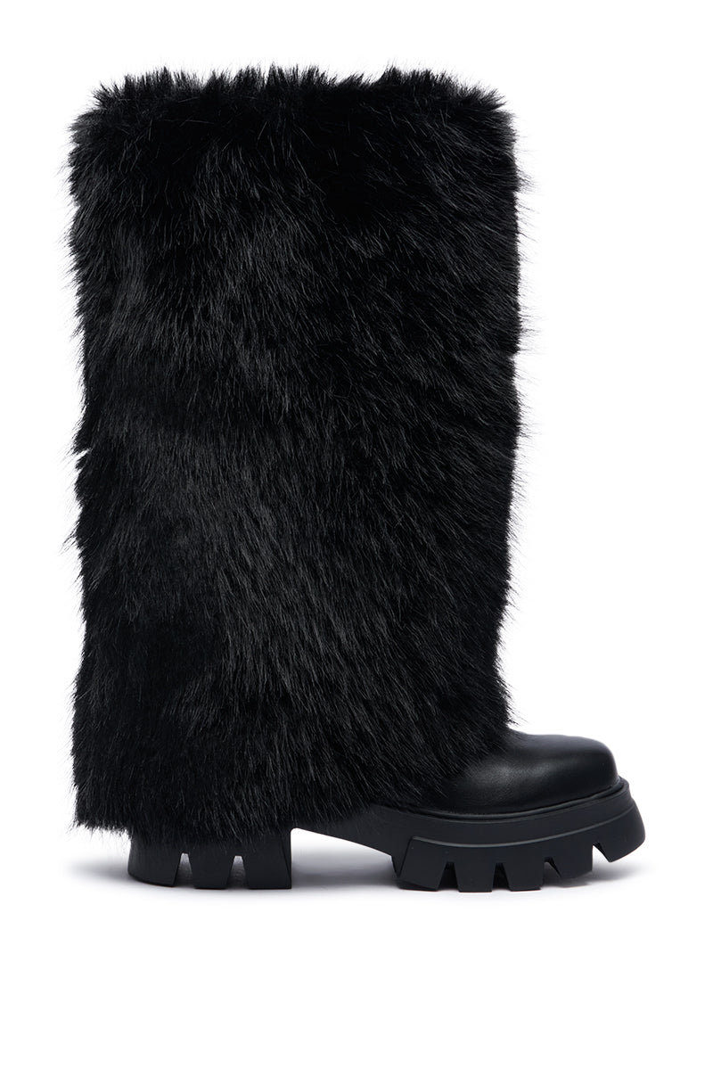 AZALEA WANG ASHOKA BLACK FUZZY FLATFORM MID CALF BOOT