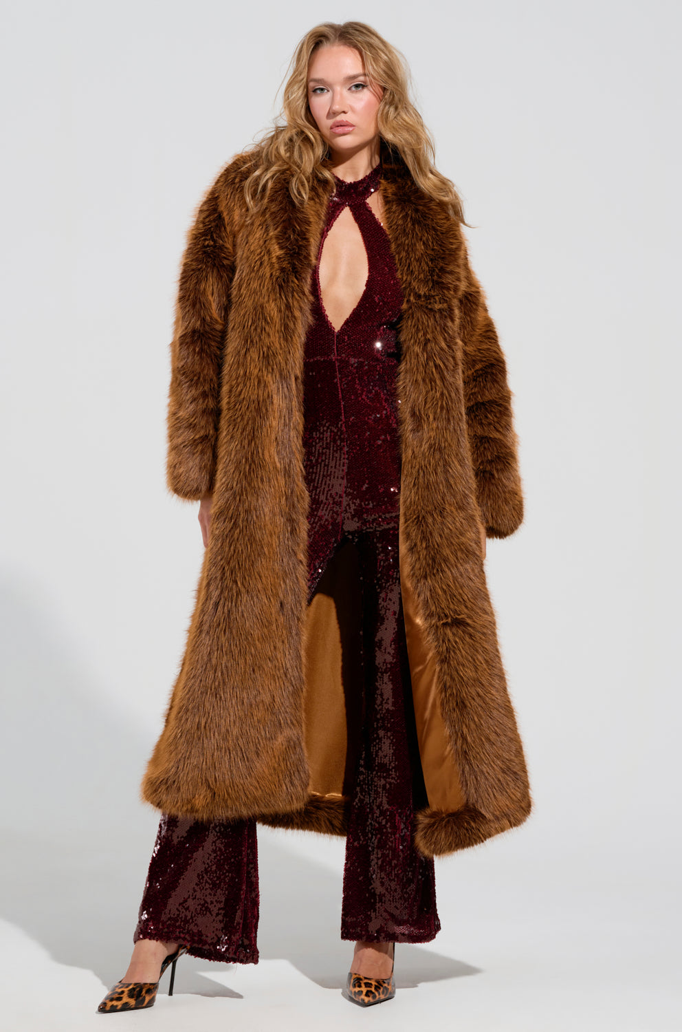 DAYANNE FAUX FUR TRENCH IN BROWN