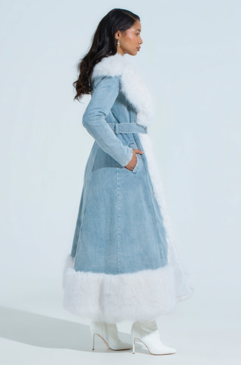 VIVIAN FUR TRIM COAT IN DENIM