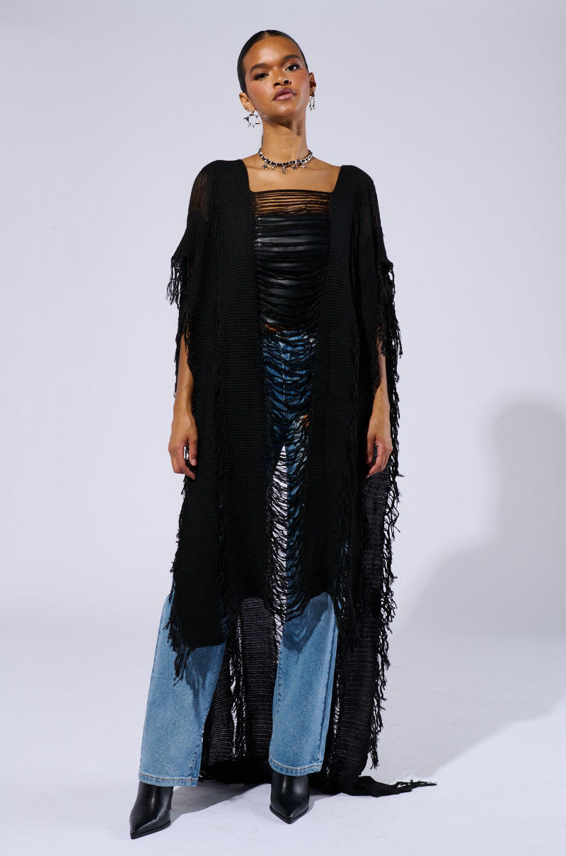 GOOD VIBES DISTRESSED PONCHO IN BLACK