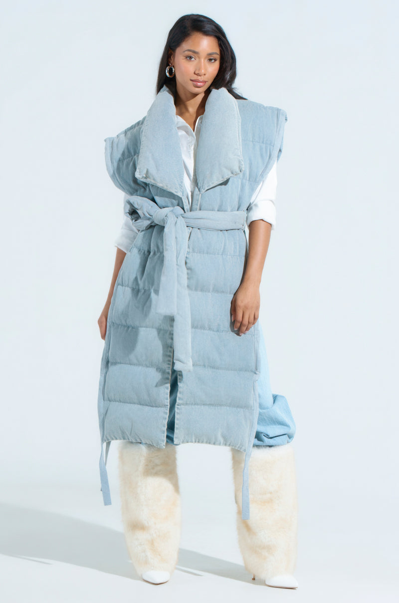 PILOT JONES LONG LINE PUFFER VEST IN DENIM