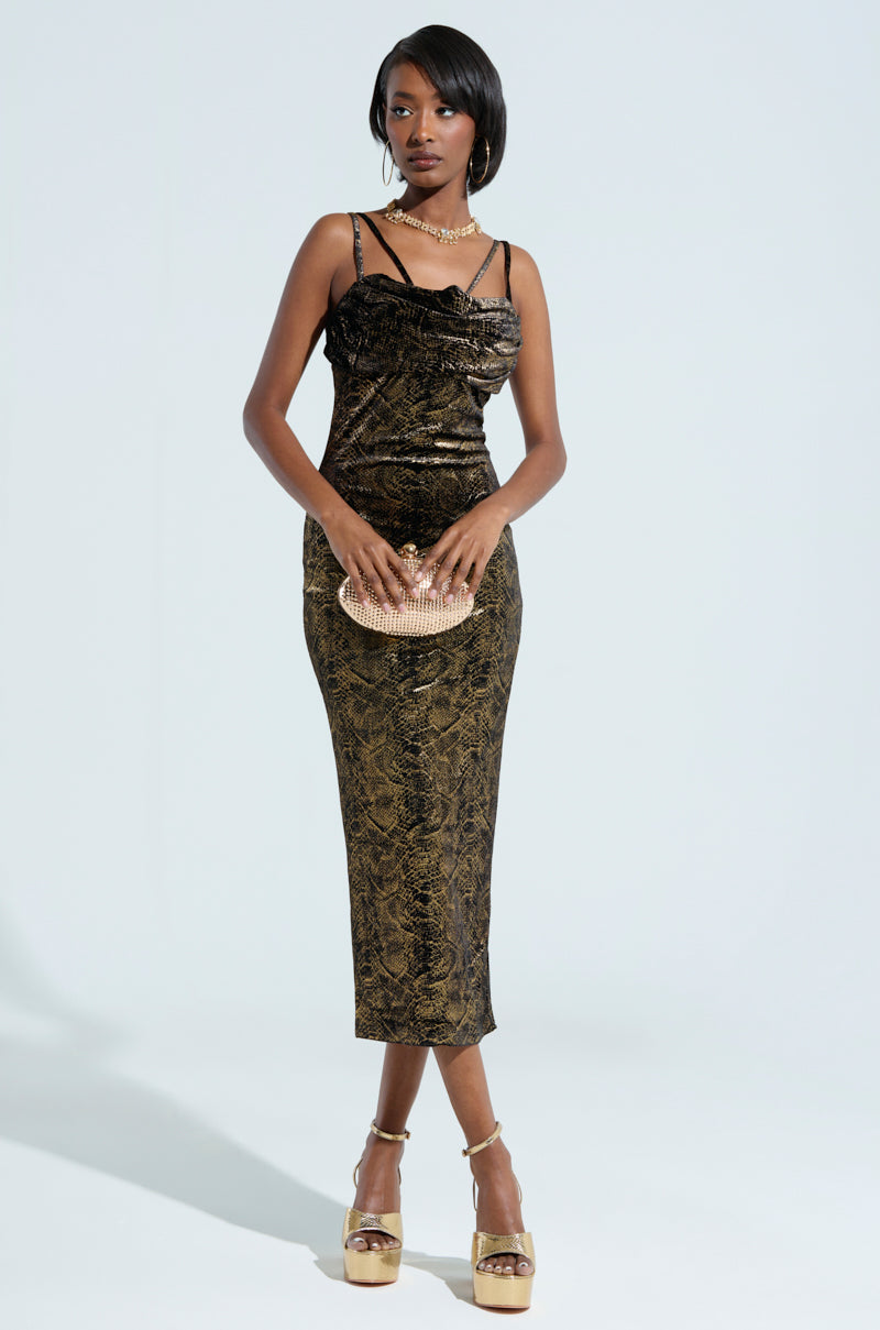 ANGELA SNAKEPRINT VELVET MIDI DRESS