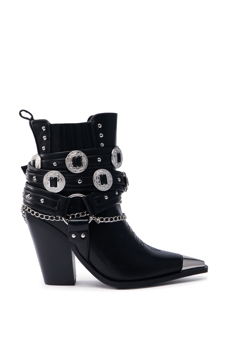 AZALEA WANG RIGGINS BLACK SILVER HARDWARE EMBELLISHED WESTERN BOOTIE