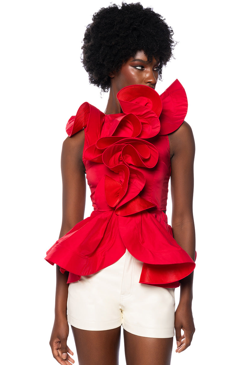 MISS FASHIONISTA SLEEVELESS RUFFLE PEPLUM BLOUSE IN RED