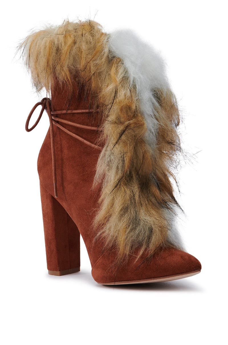 FANCY TAN LACE UP CHUNKY BOOTIE WITH FUR