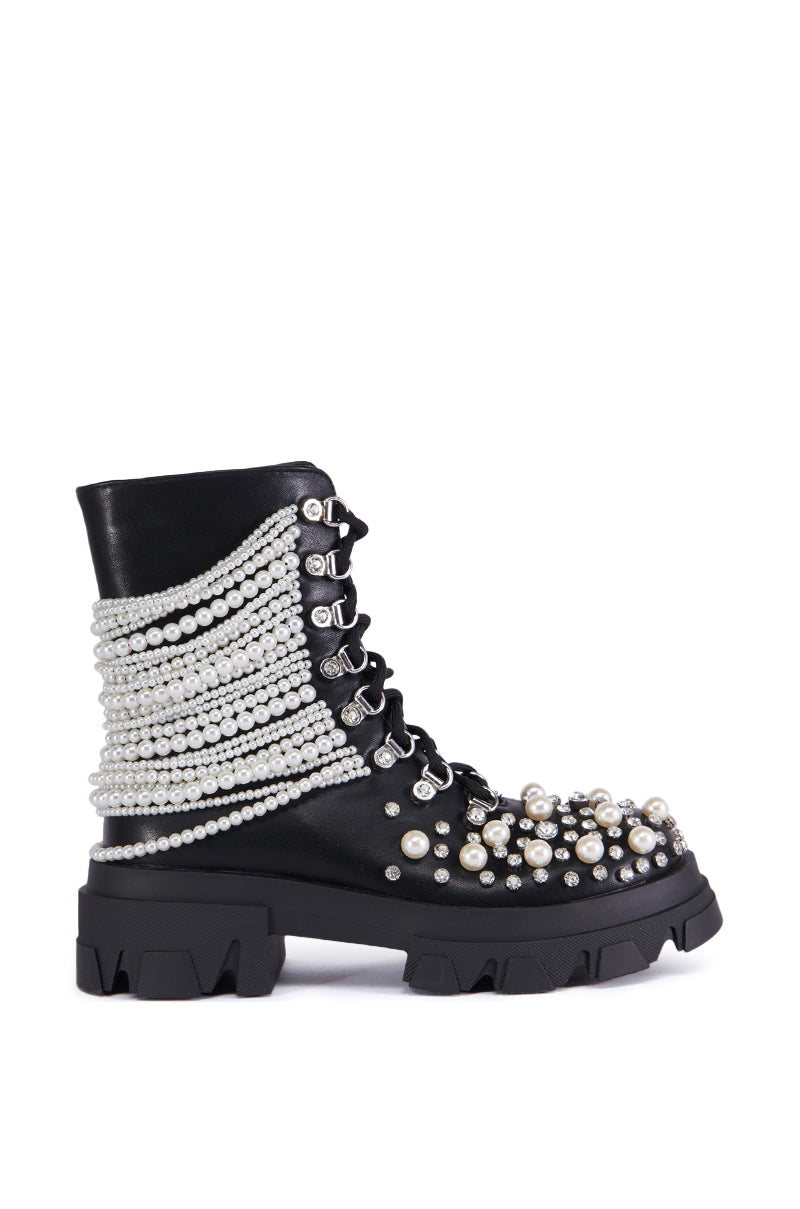 AZALEA WANG TWINKLEY BLACK PEARL EMBELLISHED COMBAT BOOTIE