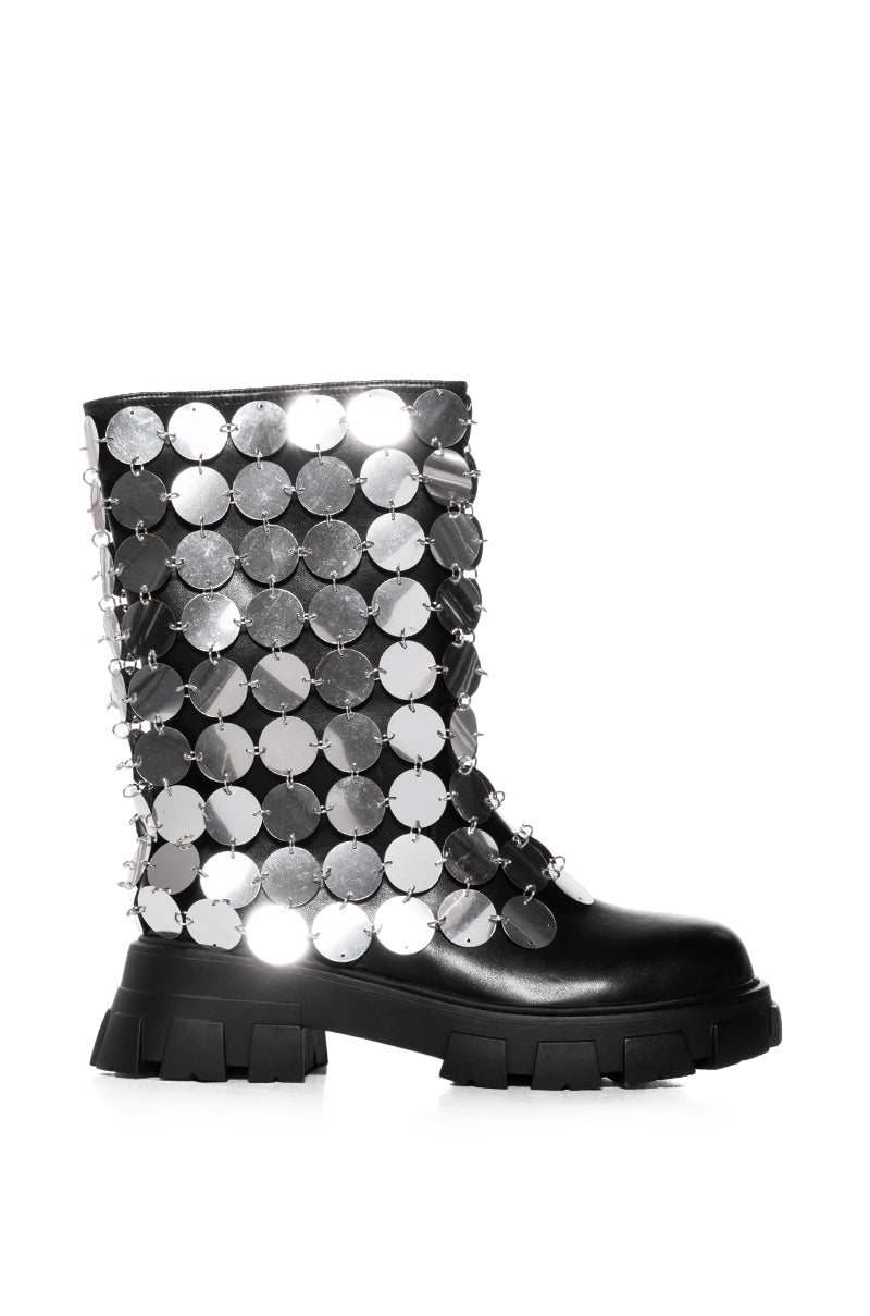 AZALEA WANG QUINNIE SILVER DISC EMBELLISHED BOOT IN BLACK