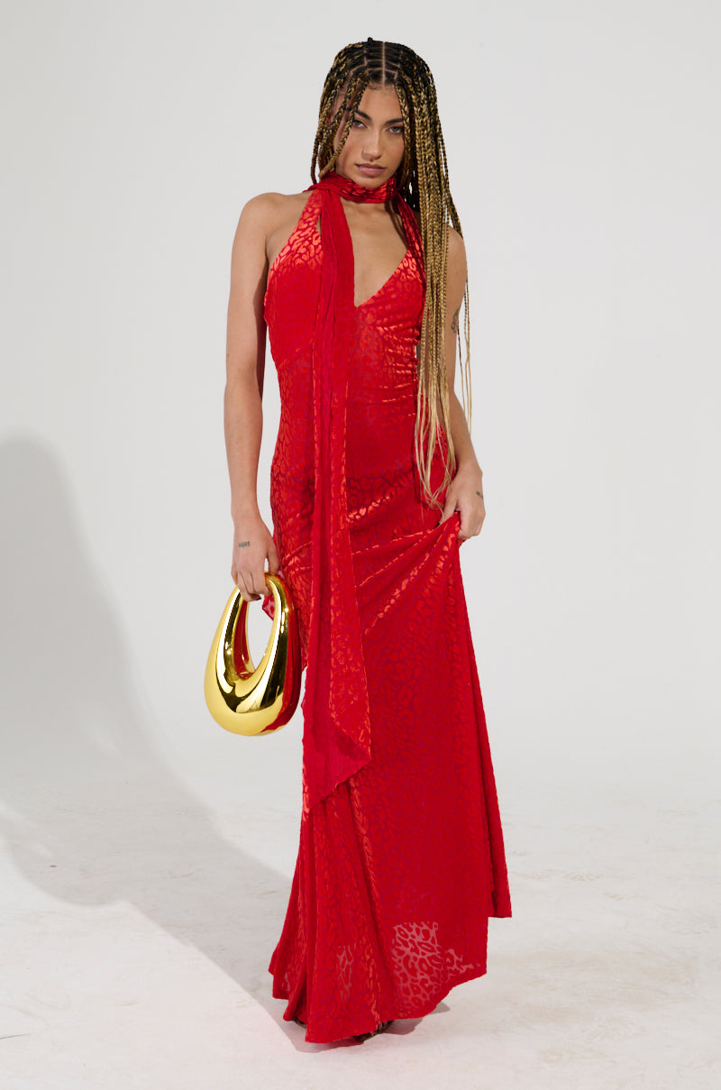 ON HOLIDAY LEOPARD PRINT VELVET MAXI DRESS WITH SCARF IN RED