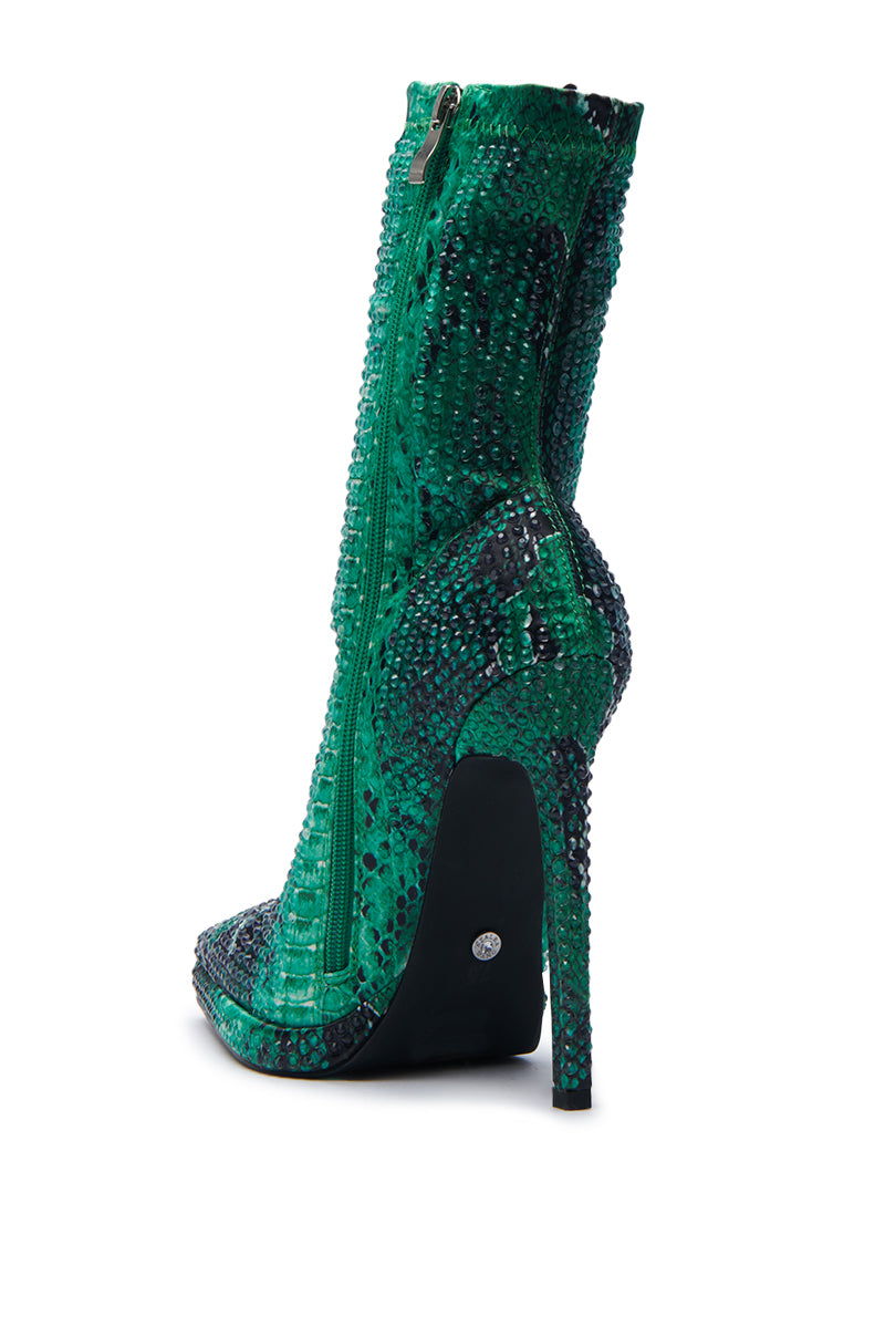 AZALEA WANG ROHESIA GREEN SNAKE RHINESTONE BOOTIE