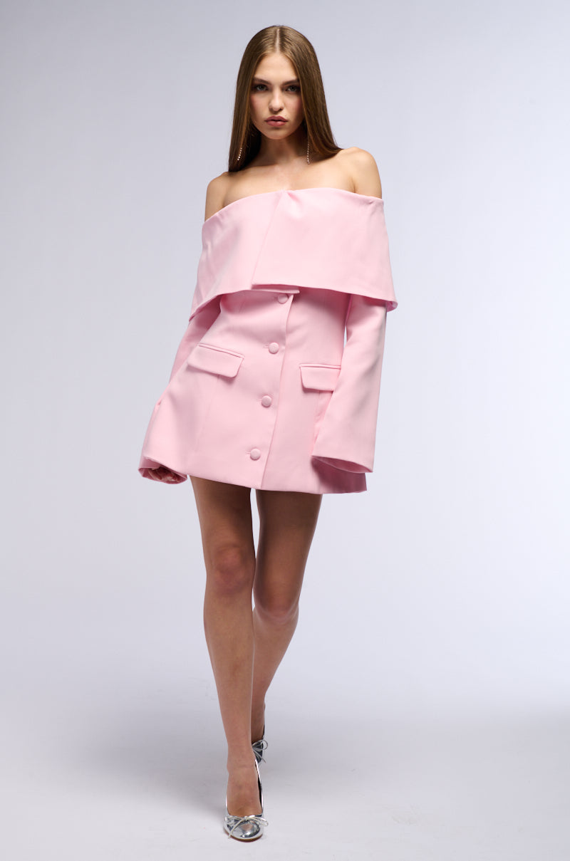 PRETTY IN PINK OFF THE SHOULDER BLAZER DRESS