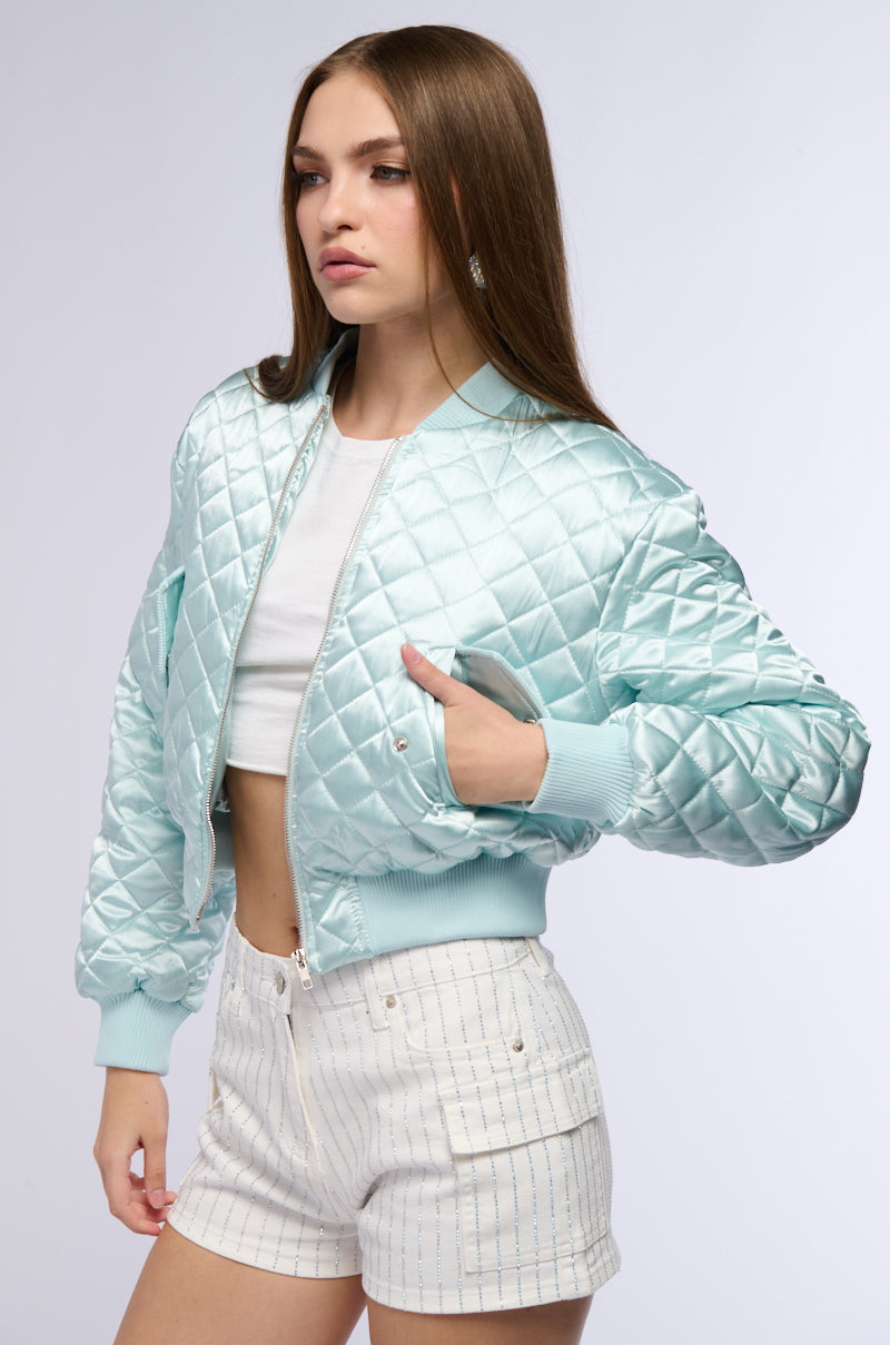 NEVER BETTER QUILTED SATIN BOMBER IN MINT