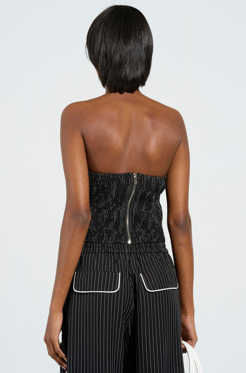 STRICTLY BUSINESS PINSTRIPE STRAPLESS TOP