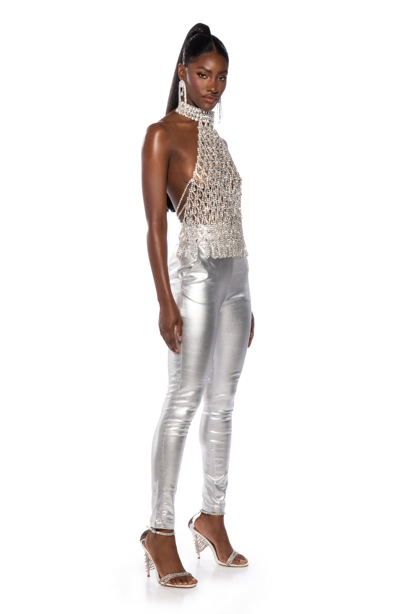 LOREN RHINESTONE HALTER NECK TOP IN SILVER