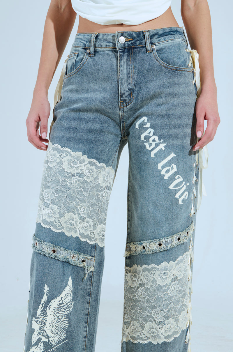 FEMME FATALE PRINTED AND LACE UP DETAIL DENIM JEANS