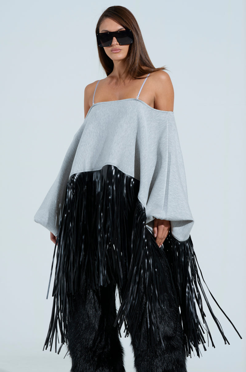 CITY GIRL FAUX LEATHER FRINGE SWEATSHIRT