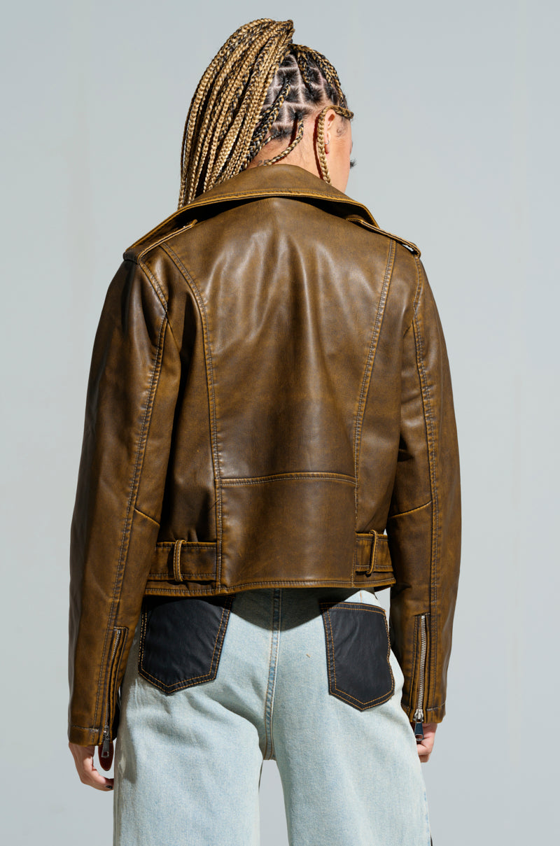 LOOKING FOR TROUBLE DISTRESSED MOTO IN BROWN