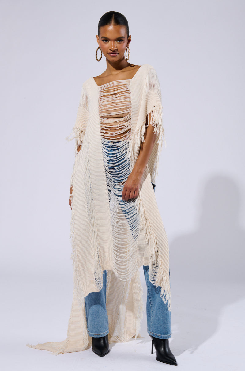 GOOD VIBES DISTRESSED PONCHO IN CREAM