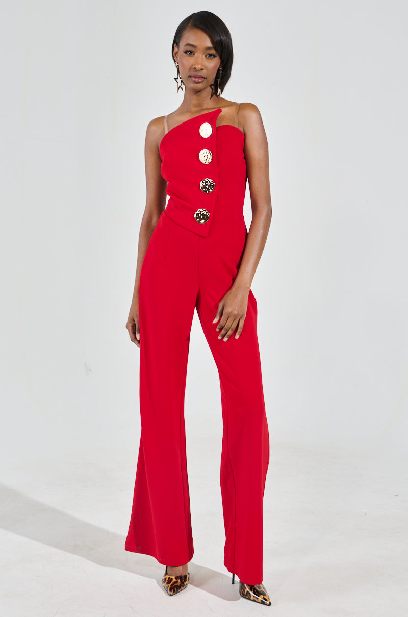 BADDIE STRAPLESS JUMPSUIT WITH GOLD BUTTONS