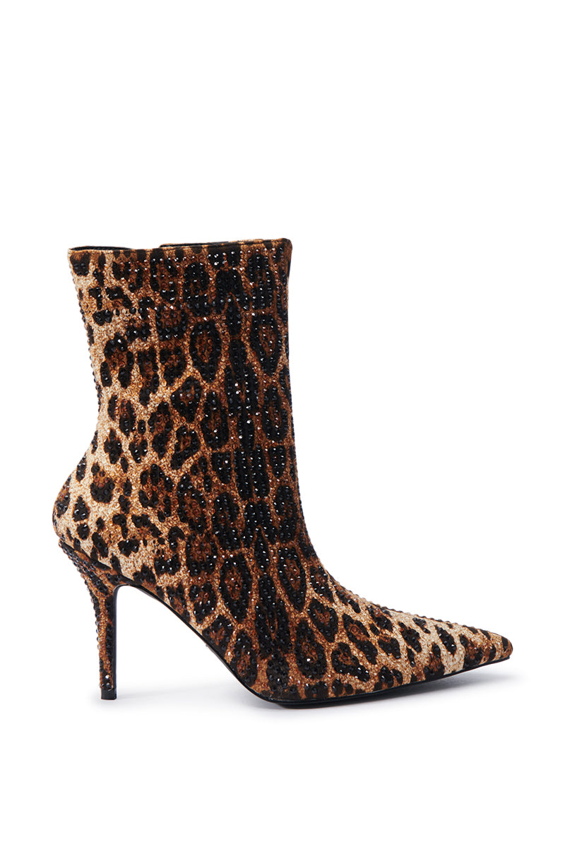 AZALEA WANG CHAUNDRA LEOPARD EMBELLISHED STILETTO BOOTIE