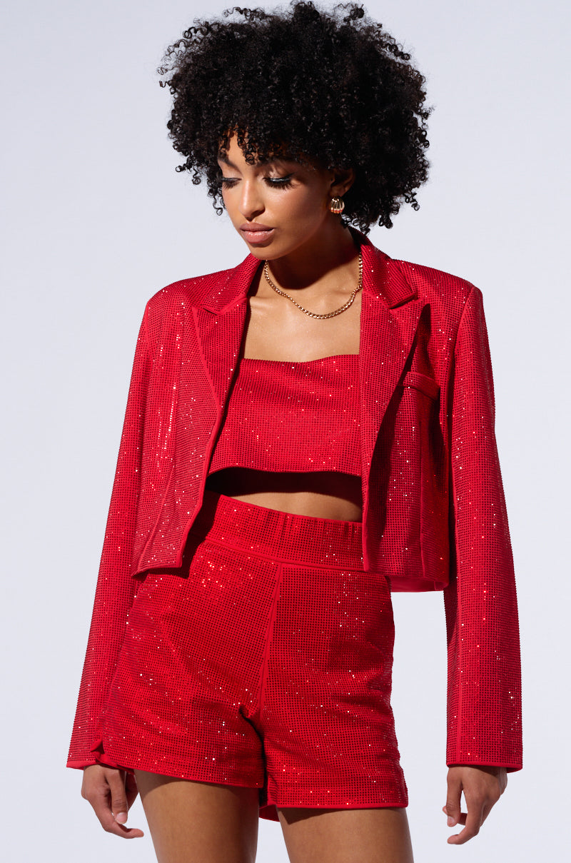 POP STAR HOT FIX RHINESTONE CROPPED BLAZER IN RED