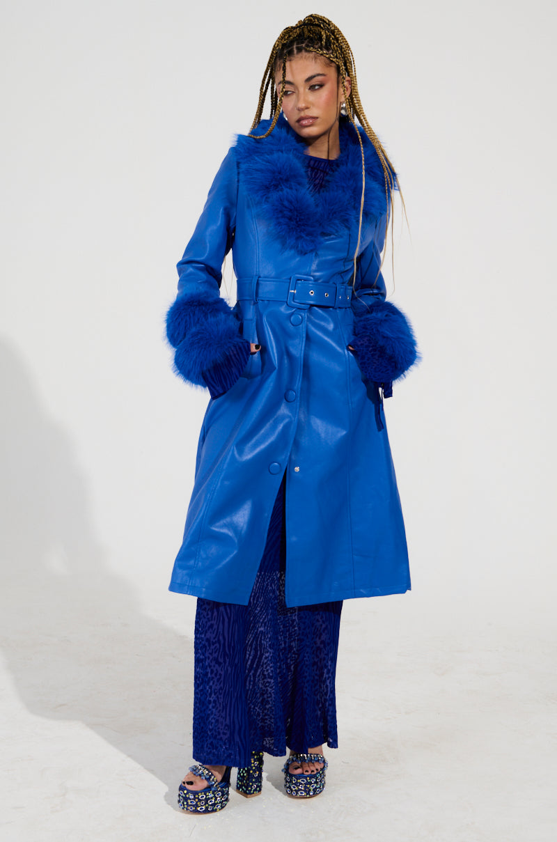 NEW KAYA FUR LINED TRENCH IN BLUE