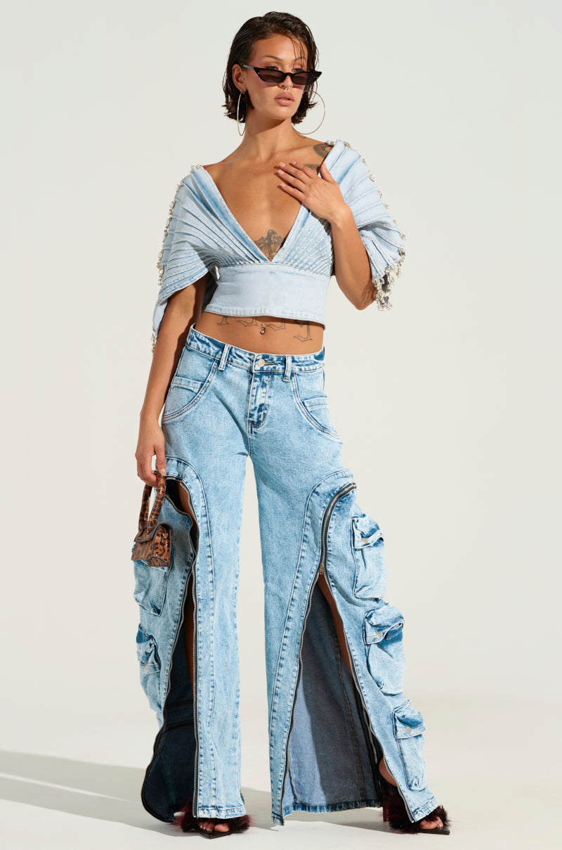 ASHLEE RHINESTONE ENCRUSTED DENIM TOP