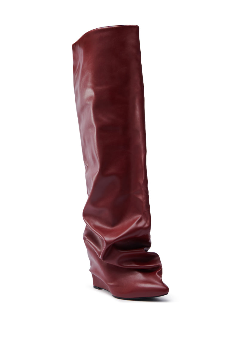 AZALEA WANG TEUILA BURGUNDY WEDGE RUCHED BOOT