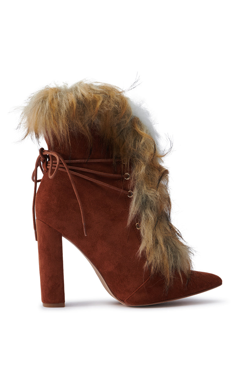 FANCY TAN LACE UP CHUNKY BOOTIE WITH FUR