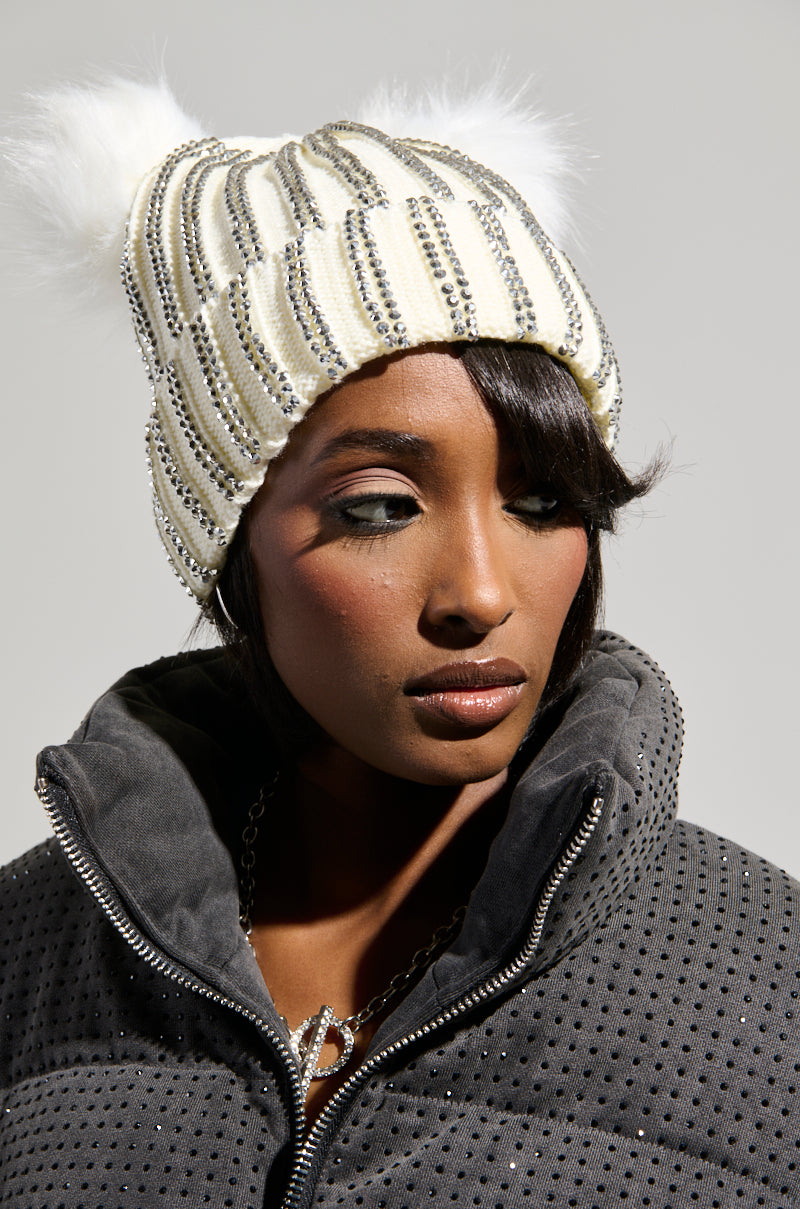 LEXII RHINESTONE KNIT MOUSE BEANIE IN WHITE