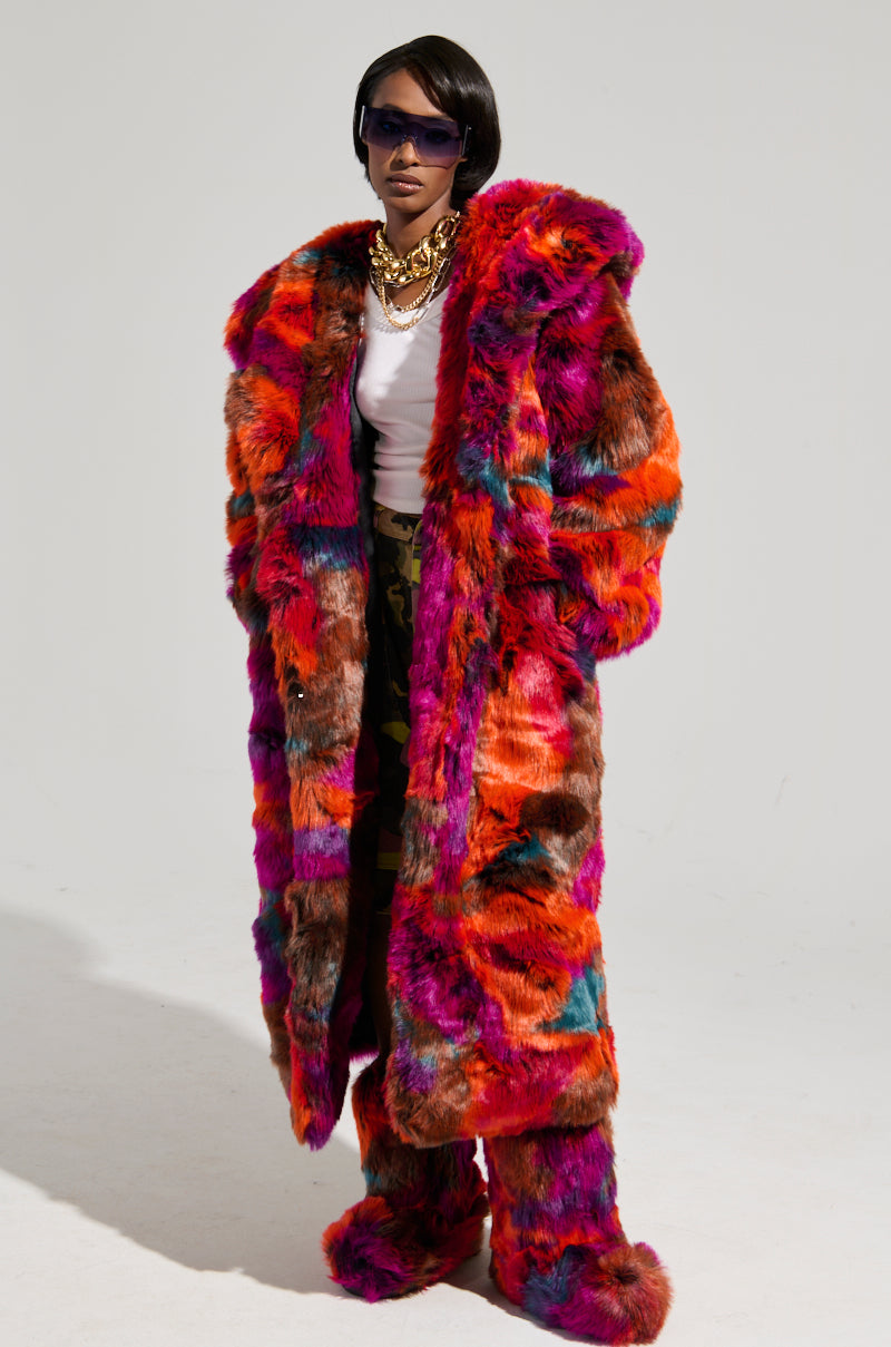 UPSETTER MAXI FAUX FUR COAT IN PINK MULTI