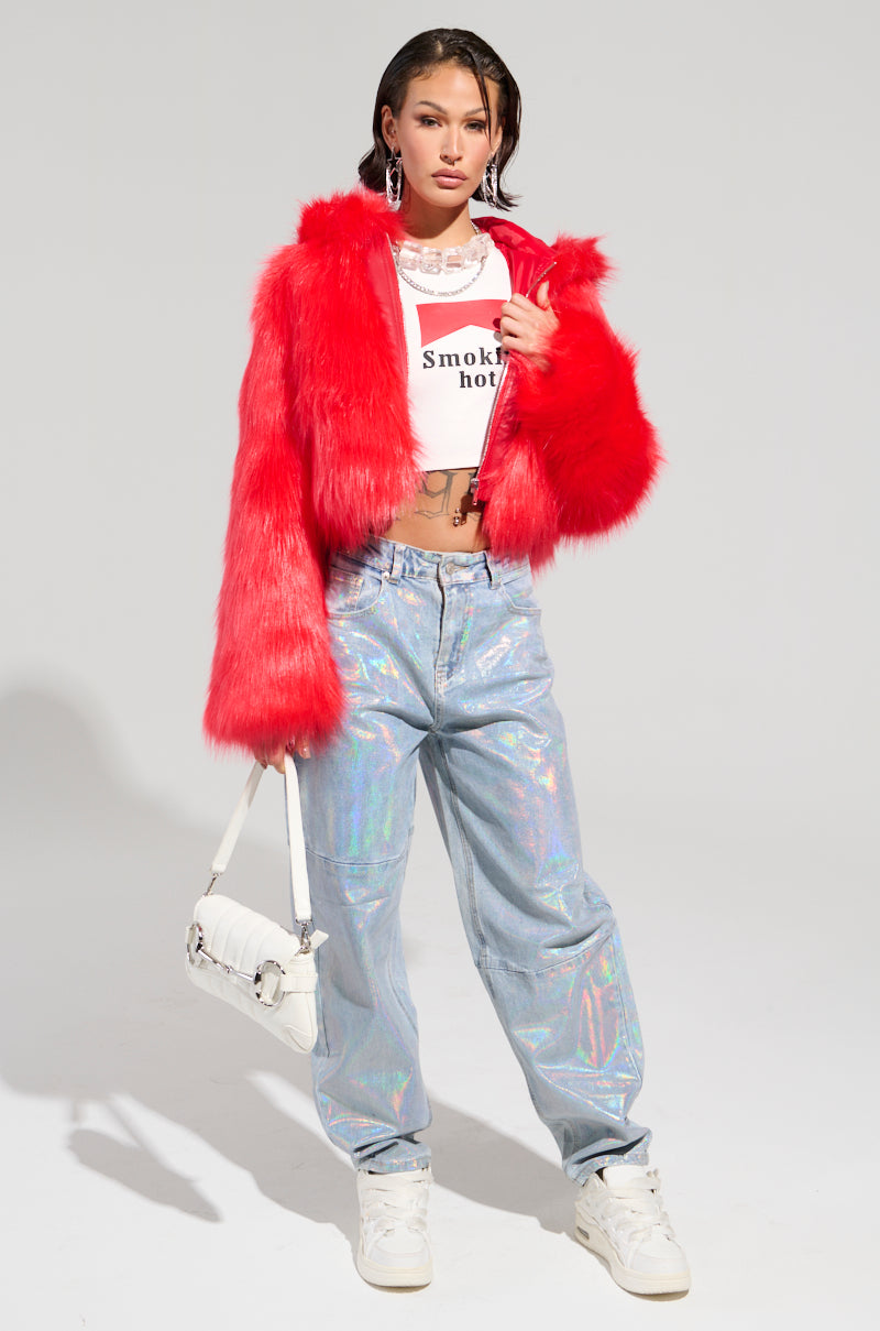 MAEVE HOODED RED FAUX FUR BOMBER