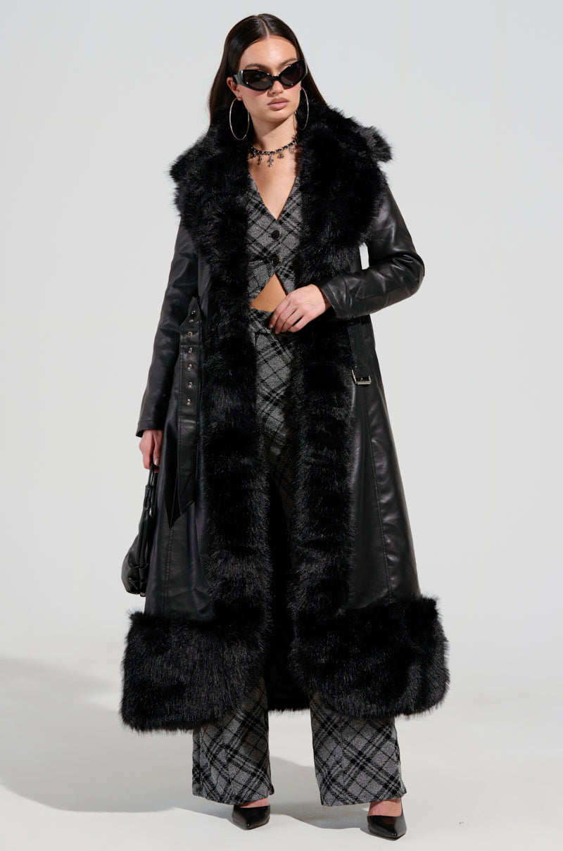 VIVAN LONG PU TRENCH WITH FAUX FUR TRIM