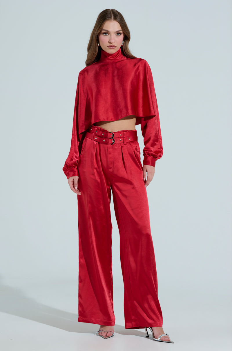 FEELIN' THE LOVE SATIN MOCK NECK BLOUSE IN RED