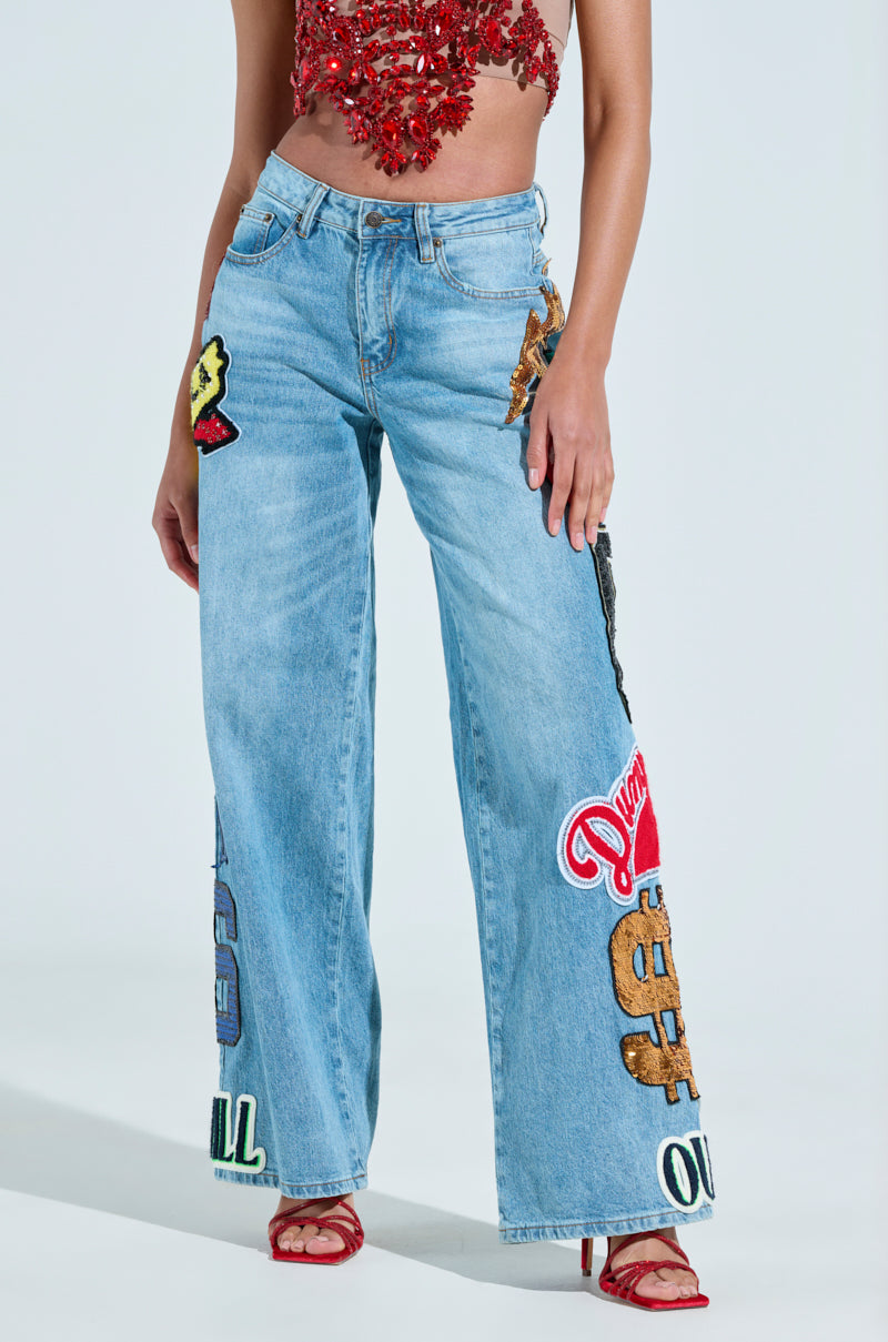 CHECK IT OUT OVERSIZED PATCH JEANS