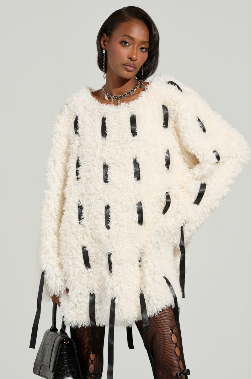 SULLY WOVEN RIBBON FAUX FUR MINI DRESS